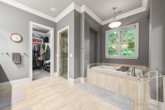 6779 Arno Allisona Rd, College Grove, TN 37046 - bathroom with ornamental molding, a bath, a walk in closet, tile patterned floors, and a stall shower