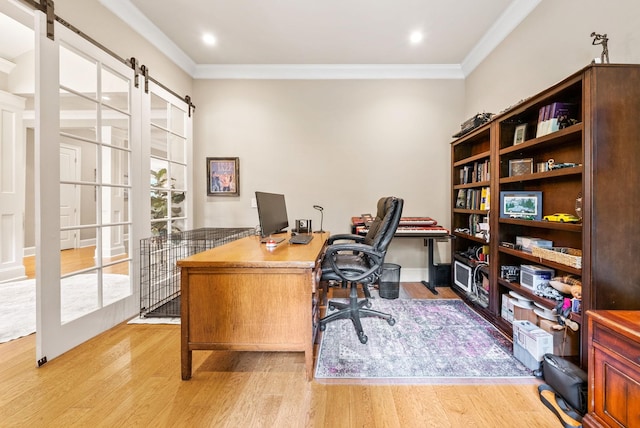 6779 Arno Allisona Rd, College Grove, TN 37046 - office space featuring light wood finished floors, a barn door, and crown molding