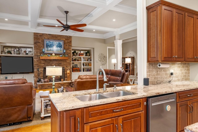 6779 Arno Allisona Rd, College Grove, TN 37046 - kitchen with stainless steel dishwasher, open floor plan, coffered ceiling, ceiling fan, and light stone counters