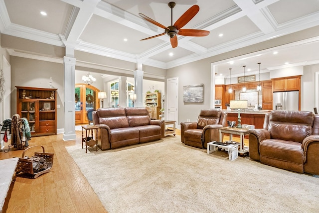 6779 Arno Allisona Rd, College Grove, TN 37046 - living area featuring decorative columns, ceiling fan, coffered ceiling, crown molding, and light wood-type flooring