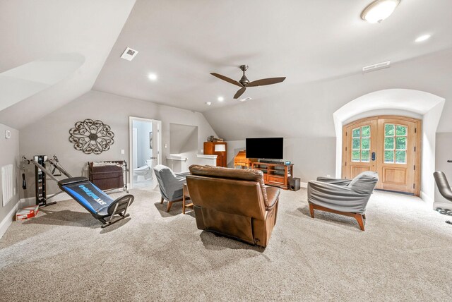 6779 Arno Allisona Rd, College Grove, TN 37046 - carpeted living room featuring lofted ceiling, ceiling fan, and recessed lighting