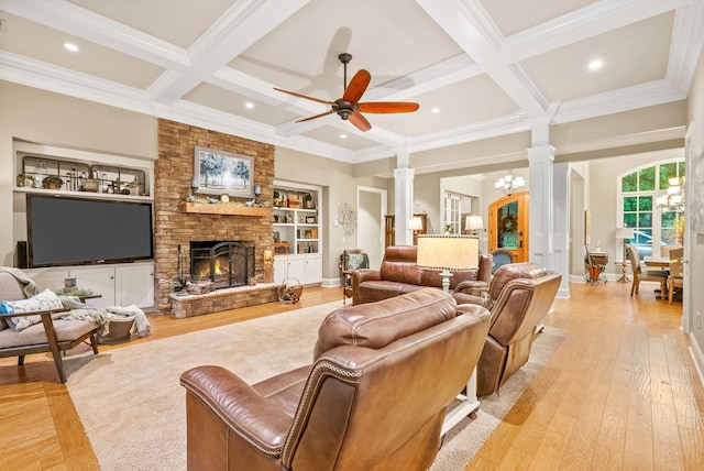 6779 Arno Allisona Rd, College Grove, TN 37046 - living area with ornate columns, coffered ceiling, ceiling fan, beamed ceiling, and light wood-style flooring