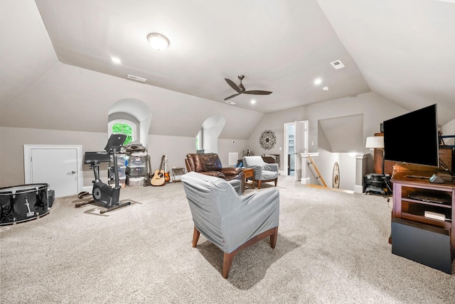 6779 Arno Allisona Rd, College Grove, TN 37046 - carpeted living area with lofted ceiling and ceiling fan