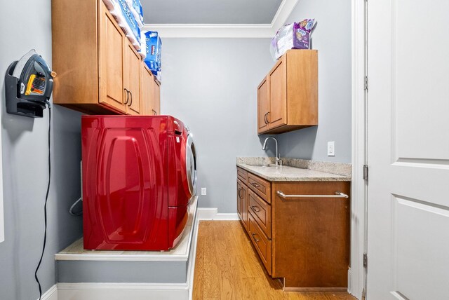 6779 Arno Allisona Rd, College Grove, TN 37046 - laundry area featuring cabinet space, light wood-style flooring, and ornamental molding