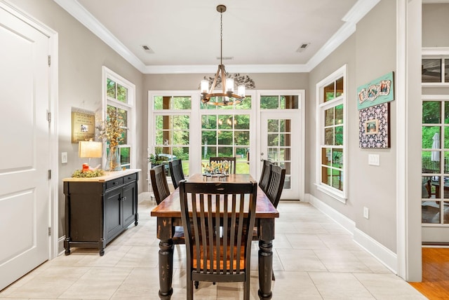 6779 Arno Allisona Rd, College Grove, TN 37046 - dining room with a chandelier, light tile patterned floors, and crown molding