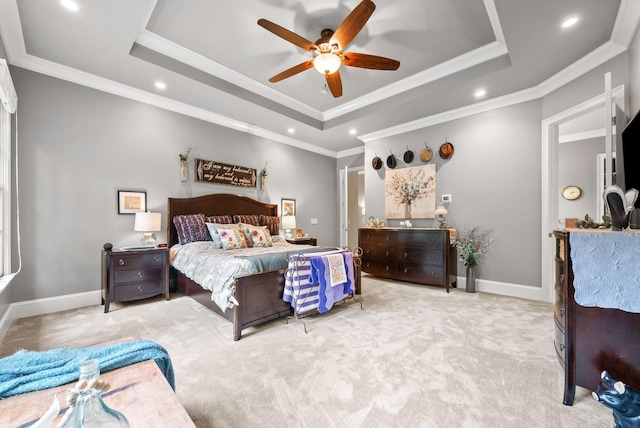 6779 Arno Allisona Rd, College Grove, TN 37046 - carpeted bedroom with a raised ceiling, recessed lighting, crown molding, and a ceiling fan