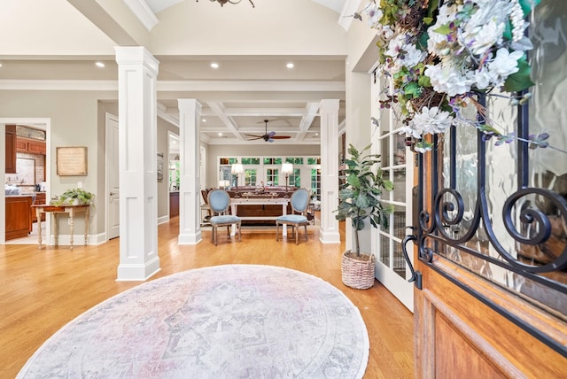 6779 Arno Allisona Rd, College Grove, TN 37046 - entryway with ornate columns, a ceiling fan, coffered ceiling, light wood-style floors, and recessed lighting