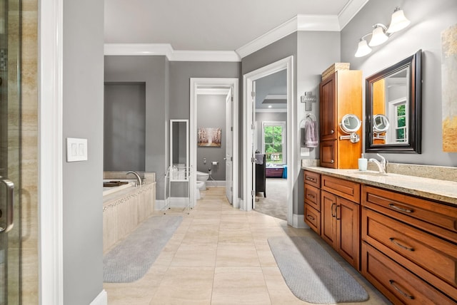 6779 Arno Allisona Rd, College Grove, TN 37046 - full bathroom featuring crown molding, vanity, a garden tub, tile patterned floors, and a shower stall