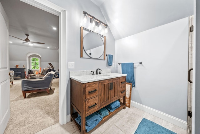 6779 Arno Allisona Rd, College Grove, TN 37046 - full bathroom featuring lofted ceiling, vanity, and a ceiling fan