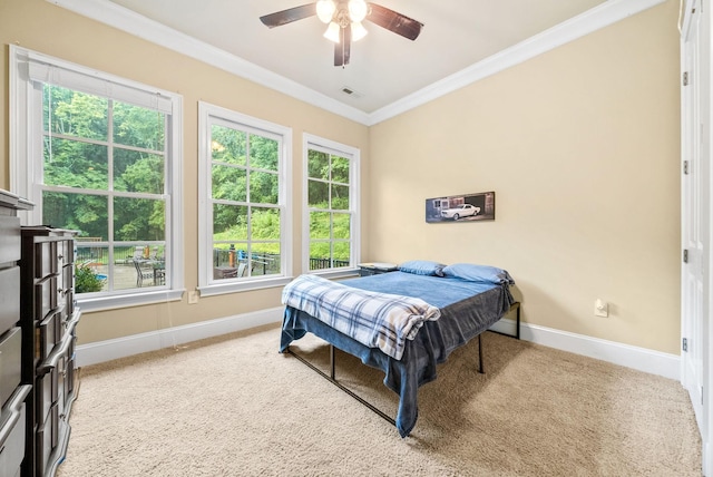 6779 Arno Allisona Rd, College Grove, TN 37046 - bedroom featuring crown molding, multiple windows, light colored carpet, and ceiling fan