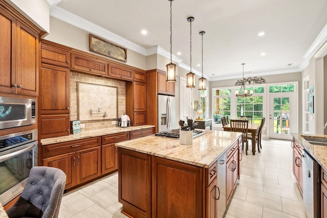 6779 Arno Allisona Rd, College Grove, TN 37046 - kitchen with stainless steel appliances, brown cabinetry, decorative backsplash, decorative light fixtures, and recessed lighting