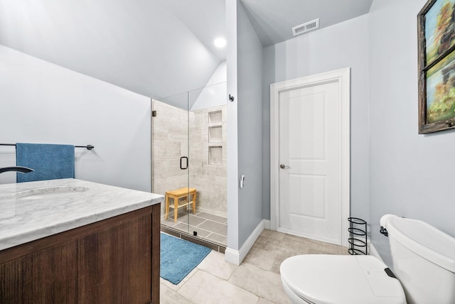 6779 Arno Allisona Rd, College Grove, TN 37046 - full bathroom featuring a stall shower, vanity, lofted ceiling, and tile patterned flooring