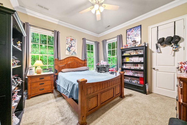 6779 Arno Allisona Rd, College Grove, TN 37046 - bedroom with light carpet, multiple windows, ornamental molding, and ceiling fan