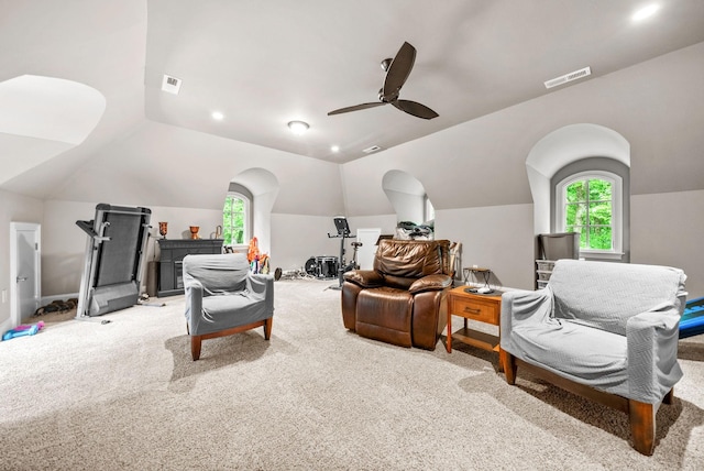 6779 Arno Allisona Rd, College Grove, TN 37046 - carpeted living area featuring lofted ceiling and a ceiling fan