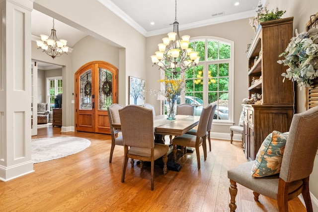 6779 Arno Allisona Rd, College Grove, TN 37046 - dining area featuring a chandelier, light wood finished floors, recessed lighting, and ornamental molding
