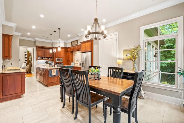 6779 Arno Allisona Rd, College Grove, TN 37046 - dining room featuring a chandelier, crown molding, recessed lighting, and light tile patterned floors