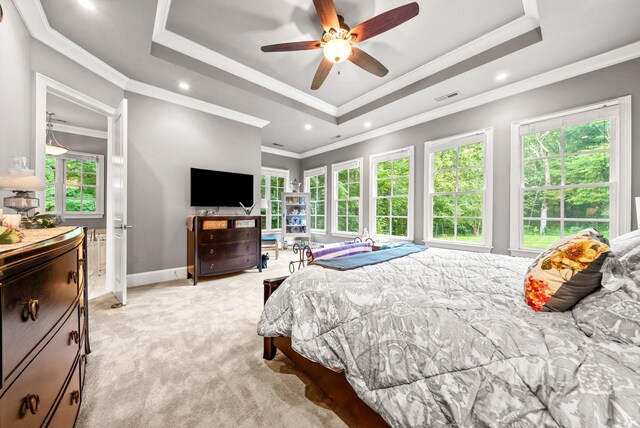 6779 Arno Allisona Rd, College Grove, TN 37046 - bedroom featuring light carpet, a raised ceiling, ornamental molding, recessed lighting, and ceiling fan