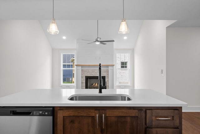 1573 Collins View Way, Clarksville, TN 37043 - kitchen featuring dishwasher, a sink, dark wood-style flooring, and decorative light fixtures