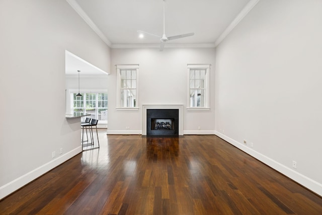 286 Keswick Grove Ln, Franklin, TN 37067 - unfurnished living room featuring a ceiling fan, crown molding, dark wood-type flooring, baseboards, and a fireplace with flush hearth