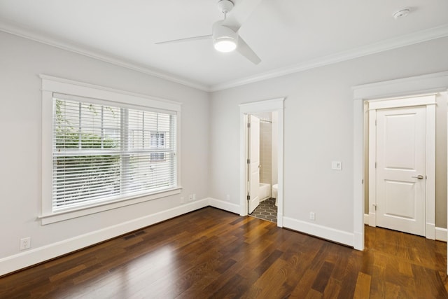 286 Keswick Grove Ln, Franklin, TN 37067 - unfurnished bedroom with ornamental molding, wood finished floors, baseboards, connected bathroom, and ceiling fan