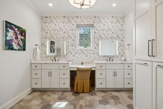 1194 Meadow Bridge Ln, Arrington, TN 37014 - bathroom featuring crown molding, two vanities, baseboards, and recessed lighting