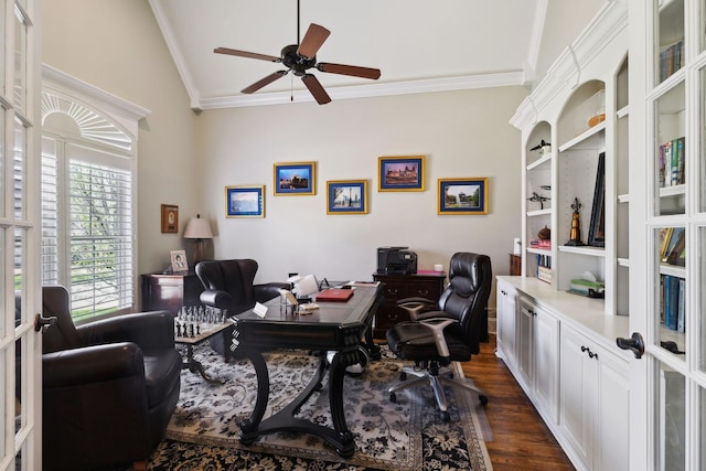 1194 Meadow Bridge Ln, Arrington, TN 37014 - office space with crown molding, ceiling fan, lofted ceiling, and dark wood-style floors