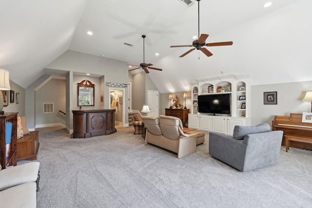 1194 Meadow Bridge Ln, Arrington, TN 37014 - living area featuring vaulted ceiling, light carpet, ceiling fan, recessed lighting, and baseboards