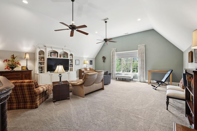 1194 Meadow Bridge Ln, Arrington, TN 37014 - living room featuring lofted ceiling, carpet, a ceiling fan, and recessed lighting
