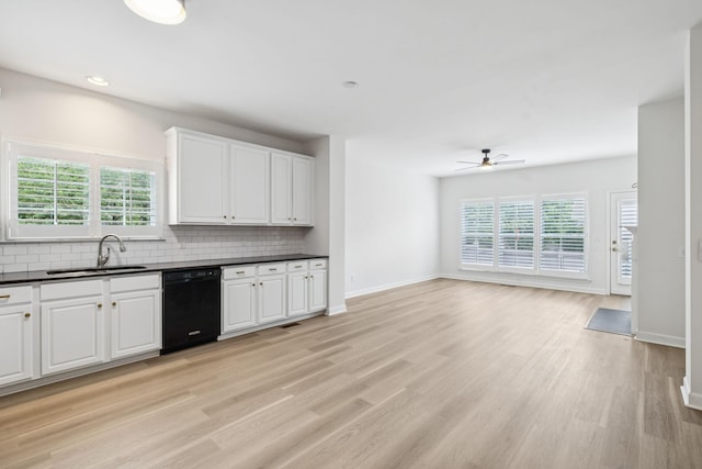 1906 Montgomery Way, Franklin, TN 37067 - kitchen featuring dishwasher, a ceiling fan, tasteful backsplash, dark countertops, and healthy amount of natural light