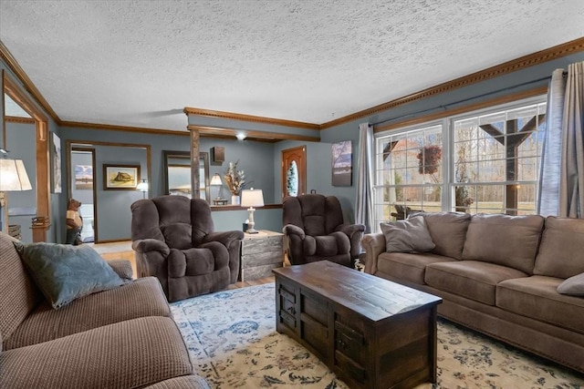 4552 Elkins Dr, Centerville, TN 37033 - living room featuring a textured ceiling, light wood finished floors, and crown molding