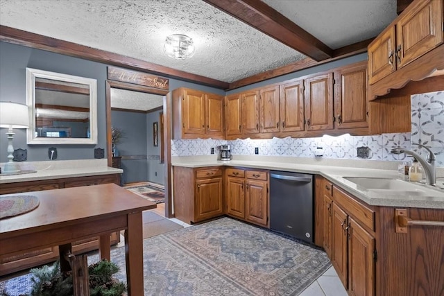 4552 Elkins Dr, Centerville, TN 37033 - kitchen with dishwasher, brown cabinets, a textured ceiling, decorative backsplash, and light countertops