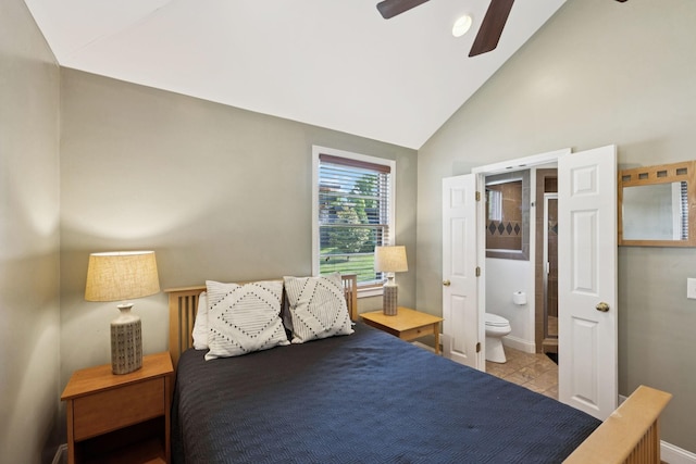 4202 Murphy Rd, Nashville, TN 37209 - bedroom with ensuite bath, high vaulted ceiling, ceiling fan, and tile patterned flooring