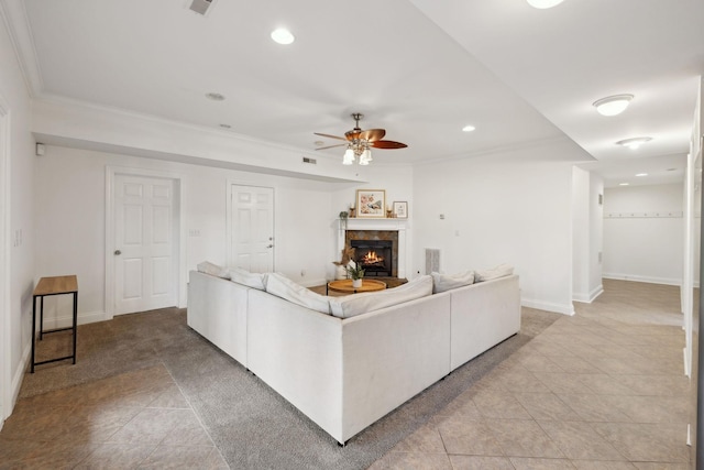205 Well Spring Ct, Brentwood, TN 37027 - living area with a ceiling fan, light tile patterned floors, a lit fireplace, recessed lighting, and baseboards