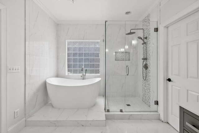 205 Well Spring Ct, Brentwood, TN 37027 - bathroom with a marble finish shower, marble finish floors, a freestanding bath, vanity, and crown molding