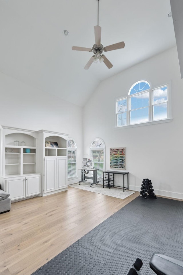 205 Well Spring Ct, Brentwood, TN 37027 - workout room featuring a ceiling fan, light wood-type flooring, and high vaulted ceiling