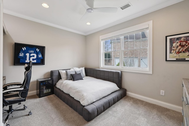 205 Well Spring Ct, Brentwood, TN 37027 - carpeted bedroom featuring baseboards, crown molding, recessed lighting, an office area, and a ceiling fan