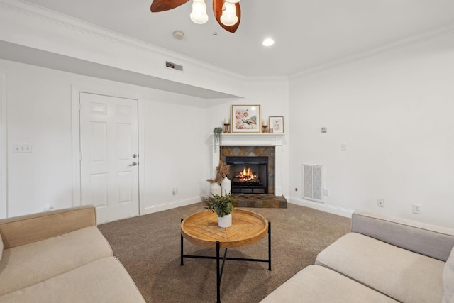 205 Well Spring Ct, Brentwood, TN 37027 - living area featuring crown molding, carpet flooring, a tiled fireplace, ceiling fan, and baseboards