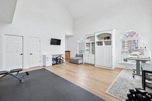 205 Well Spring Ct, Brentwood, TN 37027 - workout area with high vaulted ceiling and light wood-type flooring