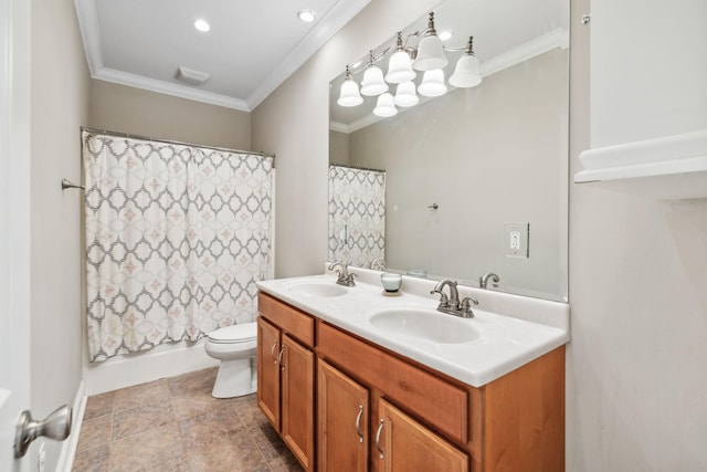 205 Well Spring Ct, Brentwood, TN 37027 - bathroom with crown molding, toilet, double vanity, and shower / bath combo