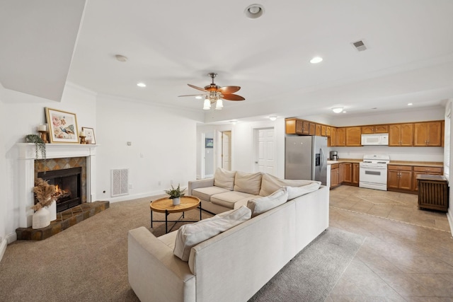 205 Well Spring Ct, Brentwood, TN 37027 - living area featuring a ceiling fan, recessed lighting, a fireplace, baseboards, and light tile patterned floors
