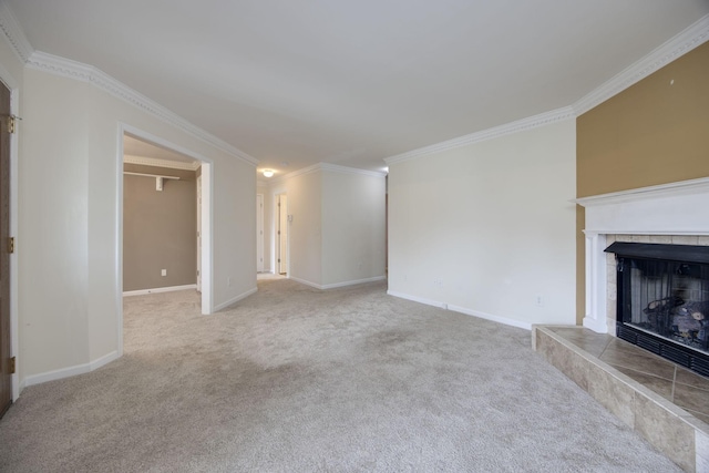 2321 Riverway Dr, Old Hickory, TN 37138 - unfurnished living room featuring carpet floors, a tiled fireplace, crown molding, and baseboards