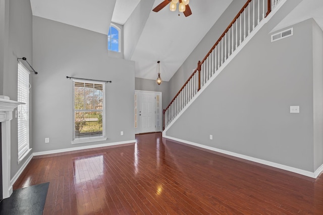 602 Pemberton Ct, Mount Juliet, TN 37122 - unfurnished living room with high vaulted ceiling, ceiling fan, baseboards, and plenty of natural light