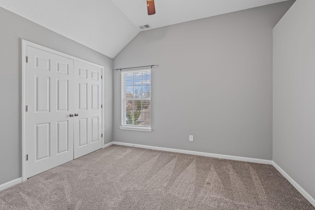 602 Pemberton Ct, Mount Juliet, TN 37122 - unfurnished bedroom featuring carpet, vaulted ceiling, baseboards, a closet, and ceiling fan