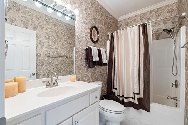 500 Forrest Park Cir, Franklin, TN 37064 - bathroom with vanity, shower / bathtub combination with curtain, crown molding, and tile patterned floors