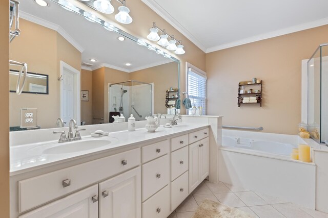 500 Forrest Park Cir, Franklin, TN 37064 - full bathroom with a stall shower, ornamental molding, double vanity, a garden tub, and tile patterned floors