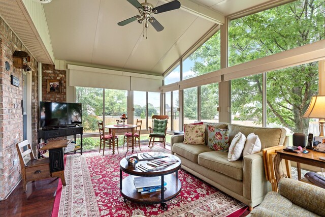 500 Forrest Park Cir, Franklin, TN 37064 - living room with a ceiling fan, wood finished floors, healthy amount of natural light, high vaulted ceiling, and beamed ceiling