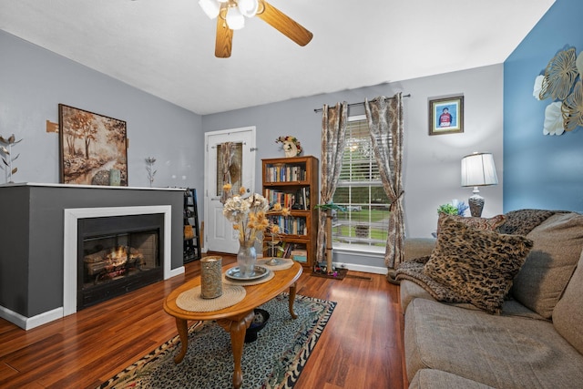 114 Silver Leaf Cir, Dickson, TN 37055 - living area with a ceiling fan, wood finished floors, and a glass covered fireplace