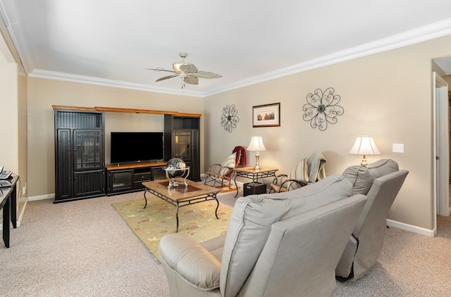 673 Newton Ln, Gallatin, TN 37066 - living area featuring light carpet, ornamental molding, and ceiling fan