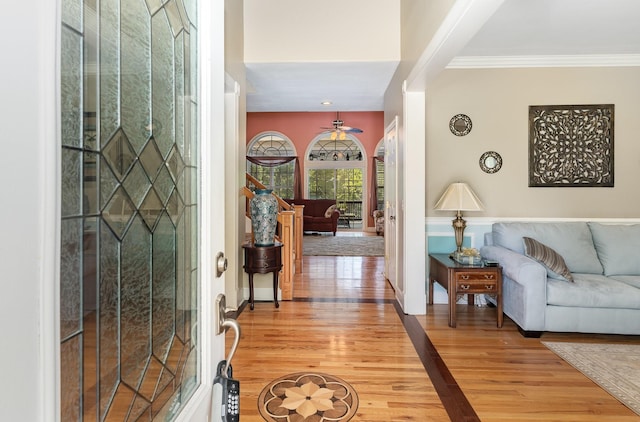 673 Newton Ln, Gallatin, TN 37066 - foyer with wood finished floors, ornamental molding, and ceiling fan