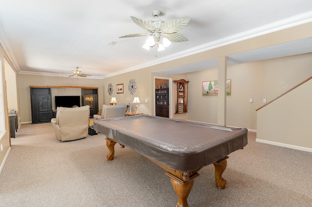 673 Newton Ln, Gallatin, TN 37066 - rec room with carpet, a ceiling fan, ornamental molding, and pool table
